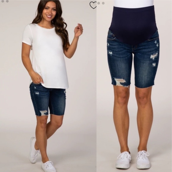 PinkBlush Blue Distressed Maternity Full Panel Bermuda Raw Hem Shorts - Picture 2 of 10